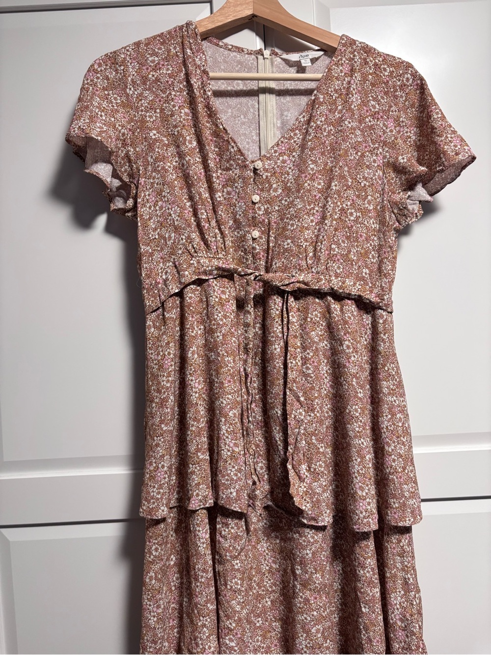 ripe Floral Tiered Maternity Dress in Brown & Pink - Size Small - Like New